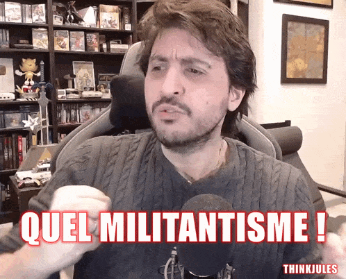a man sitting in front of a microphone with the words " quel militantisme " written in red