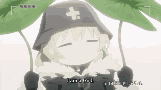 a cartoon character says i am a god while holding leaves