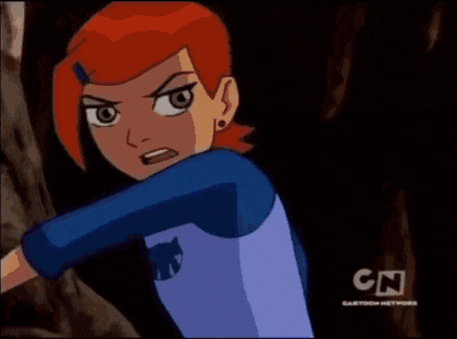 a cartoon character with red hair and a blue shirt is making a stop gesture .