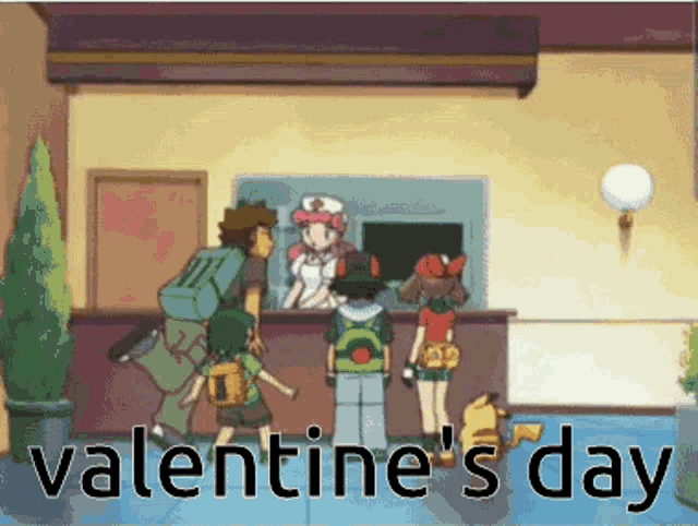 a valentine 's day greeting with a group of people standing around a counter