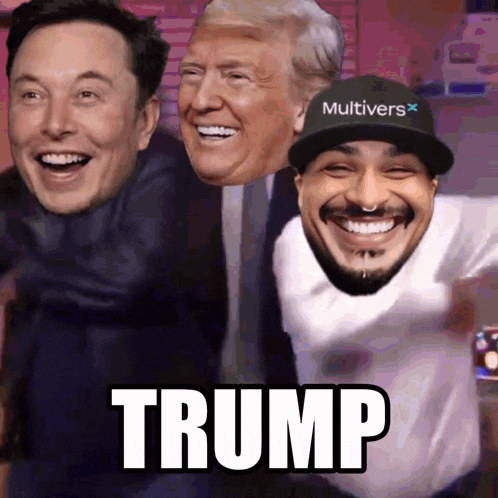 elon musk donald trump and a man with a hat that says multivers on it