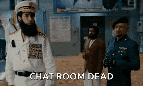 three men in military uniforms are standing in a room with the words chat room dead written on the screen