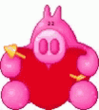 a pixel art illustration of a pink bunny holding a red heart and an arrow .