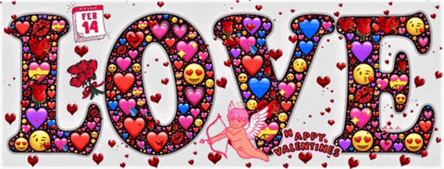 the word love is surrounded by hearts and smiley faces for valentines day