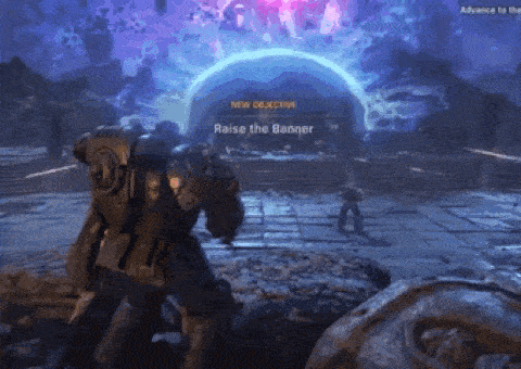 a video game screen shows a robot standing in front of a banner that says " new objective raise the banner "