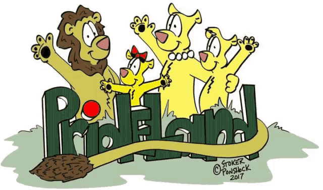 a cartoon drawing of a lion a lioness and two dogs with the word prideland written in green