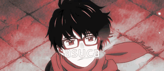 a boy wearing glasses and a scarf with the word asuca on the bottom