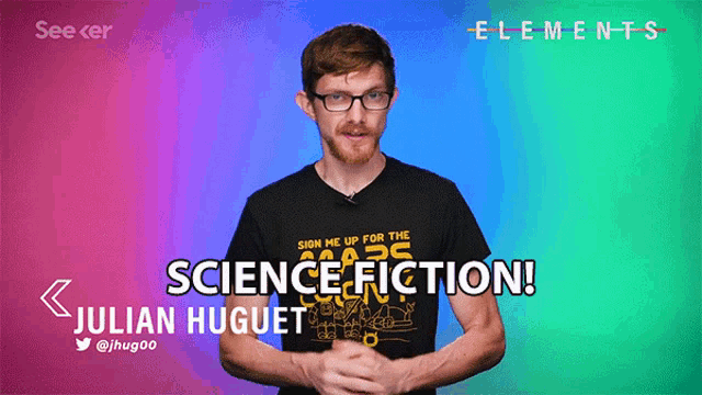 a man with glasses and a black shirt that says science fiction