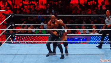 a man in a wrestling ring with a referee and a sign that says vetrus93