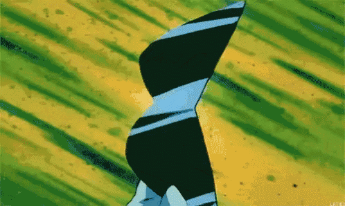 a cartoon drawing of a person holding a blue and black striped object