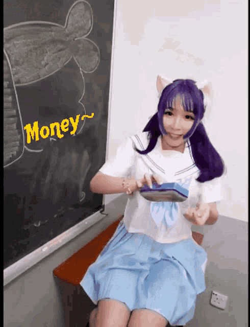 a girl with purple hair is sitting in front of a chalkboard with the word money written on it