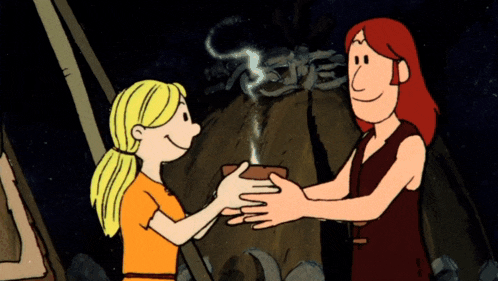 a cartoon of a man and a girl holding hands in front of a fire
