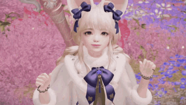 a girl with blonde hair and a blue bow in her hair is standing in a field of flowers