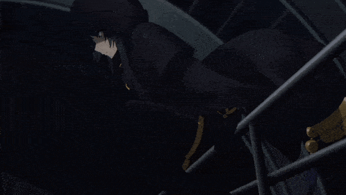 a woman in a black hooded cape is leaning on a railing in the dark