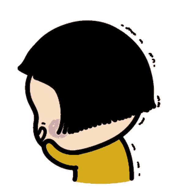 a cartoon girl with short black hair is wearing a yellow shirt .
