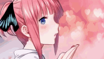 a girl with pink hair blowing a kiss with hearts behind her