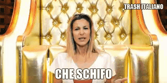 a woman is sitting in a chair with the words che schifo written on the bottom