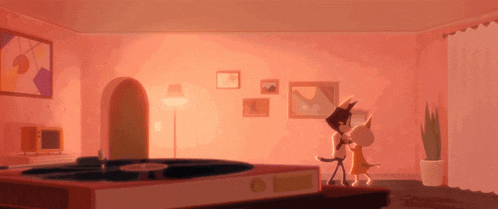 two cartoon characters are dancing in a living room