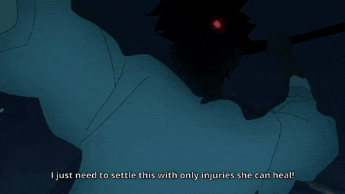 a man in a blue shirt is being hit by a sword