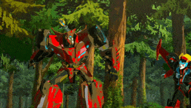a cartoon drawing of a robot fighting another robot in a forest