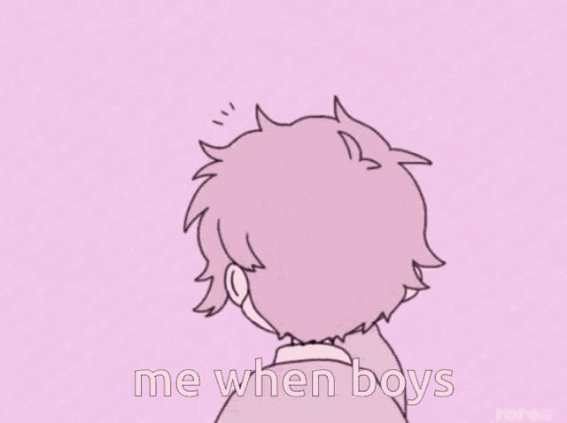 a cartoon of a boy with pink hair and the words me when boys
