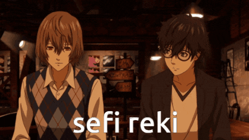two anime characters are standing next to each other and the words sefi reki are on the bottom