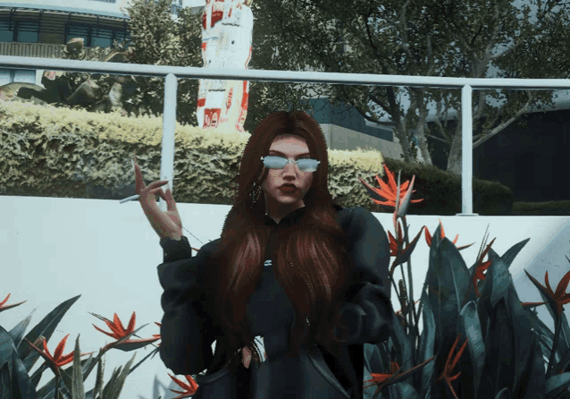a woman wearing sunglasses stands in front of a sign that says ' a ' on it