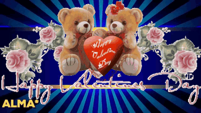 two teddy bears holding a heart that says happy valentine 's day on it