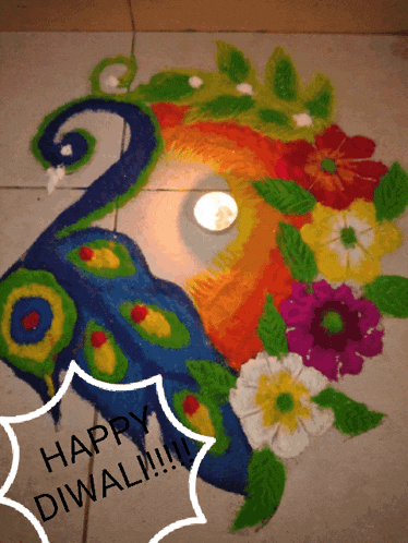 a colorful peacock design with flowers and leaves with the words happy diwali