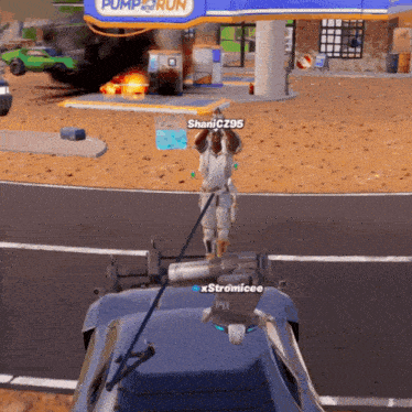a video game character is standing in front of a pump and run building