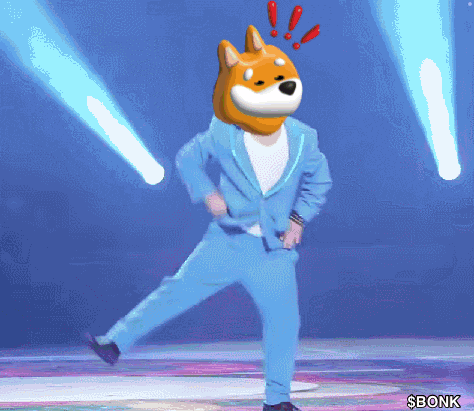 a man in a blue suit with a dog head on his head dancing