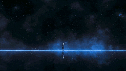 a person is standing in the middle of a glowing blue line
