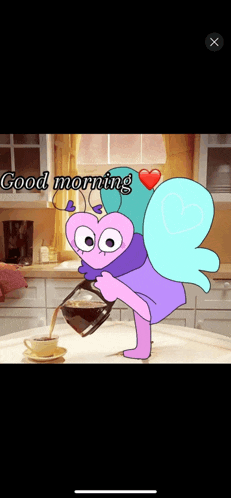 a cartoon character is pouring coffee into a cup with the words good morning