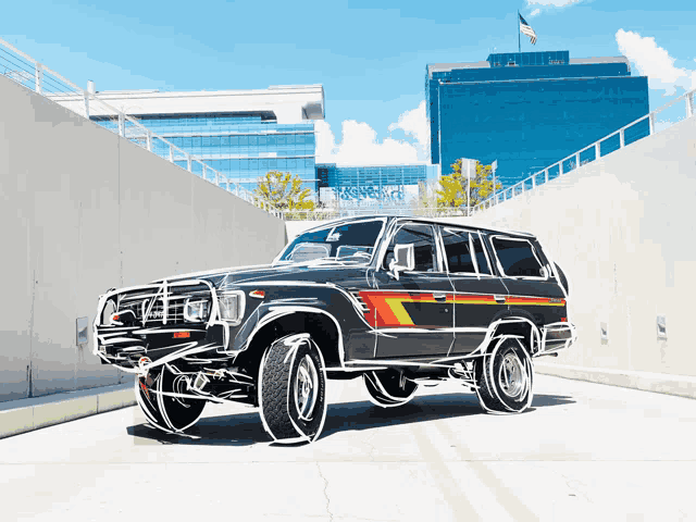 a black suv with a red and white strip on the side is parked in front of a building