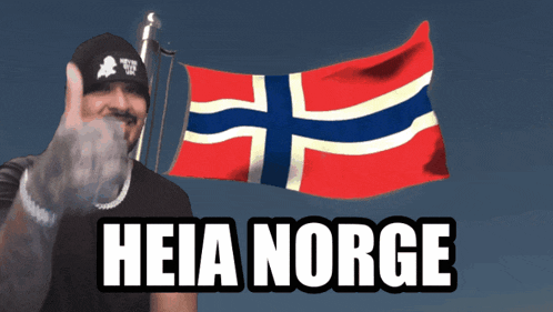 a man giving a thumbs up in front of a norwegian flag with heia norge written on the bottom