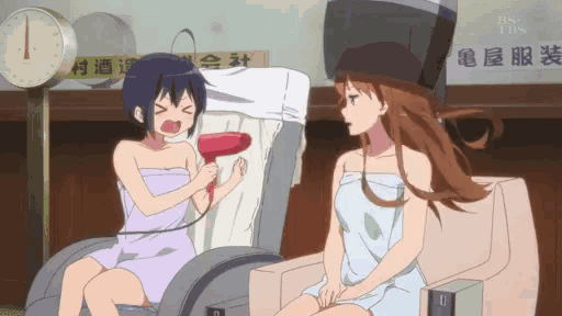 a cartoon of a girl blow drying another girl 's hair in front of a sign that says tbs