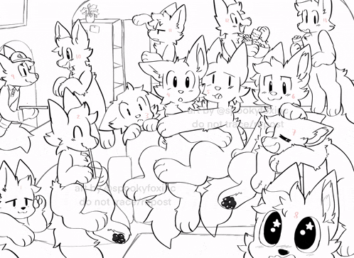 a black and white drawing of a group of cartoon animals