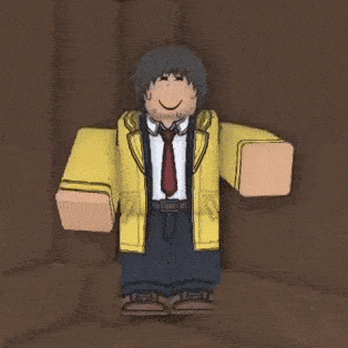 a roblox character wearing a yellow jacket and tie is standing in a room .