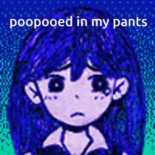 a cartoon of a girl with blue hair and the words poopooed in my pants .