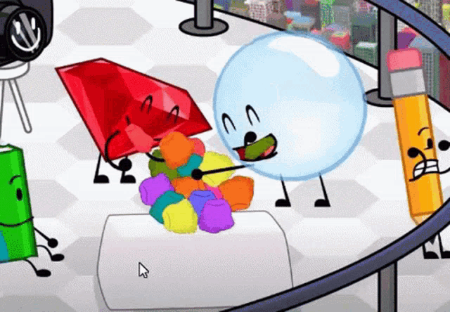 a group of cartoon characters including a pencil and a bubble eating gummy bears