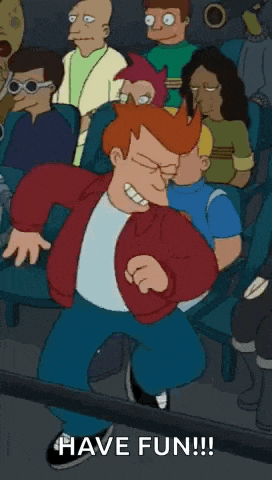 fry from futurama is dancing in front of a crowd with the words have fun !!!