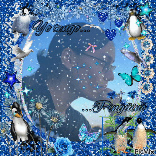 a picture of a man surrounded by penguins and butterflies with the words yo tengo penguins