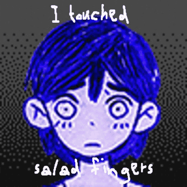 a drawing of a girl with blue hair and the words i touched salad fingers