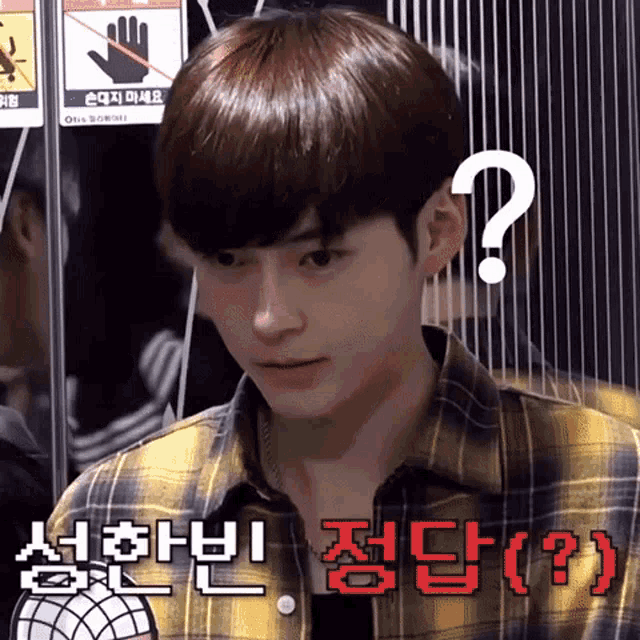 a man in a plaid shirt has a question mark on his head