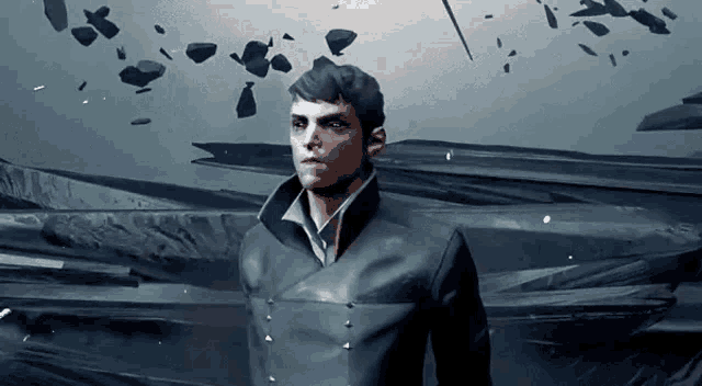 a man in a suit is standing in front of a landscape
