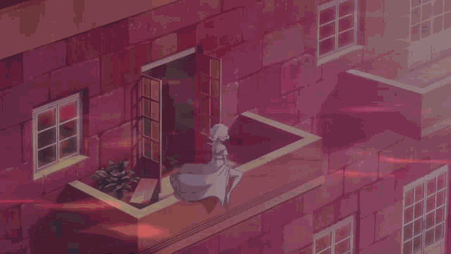 a girl in a white dress is standing on a balcony of a pink brick building