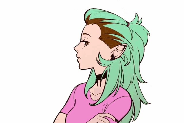 a drawing of a girl with green hair pointing to a fire