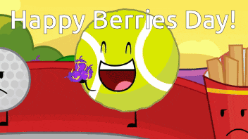 a happy berries day poster with a tennis ball holding a purple flower