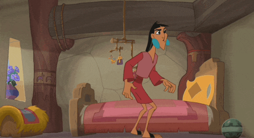 a cartoon character is standing in front of a bed and pointing at it