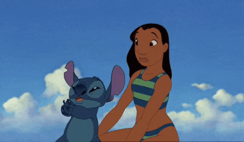 a woman in a bikini is sitting next to stitch